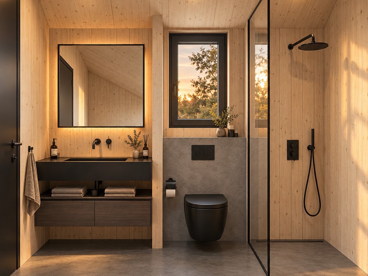 Visualisierung eines Badezimmers mit Holzverkleidung, schwarzen Armaturen und Walk-in-Dusche