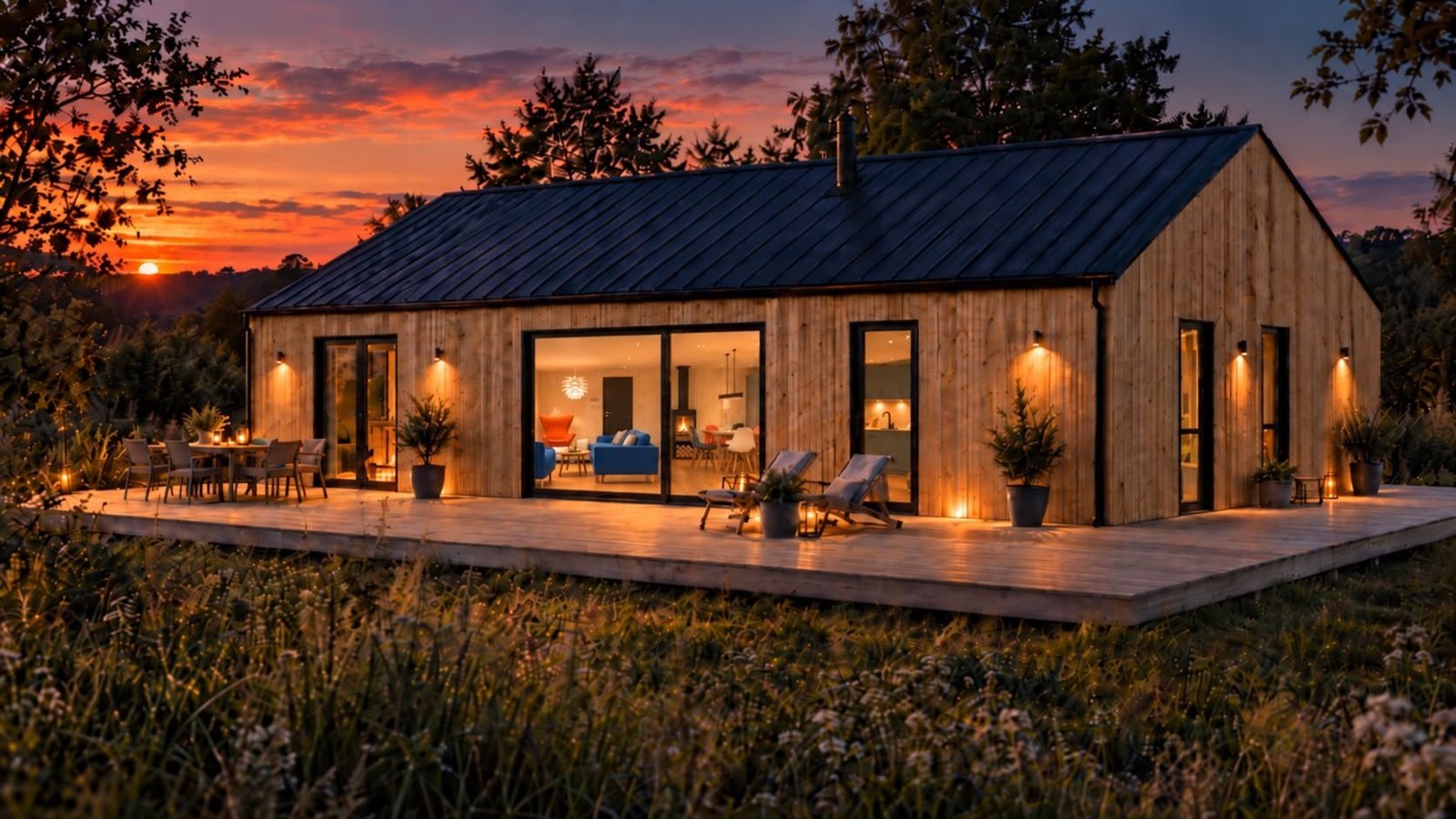 Visualisierung von Dansk Cottage: Holzhaus mit Terrasse in der Abendd&auml;mmerung