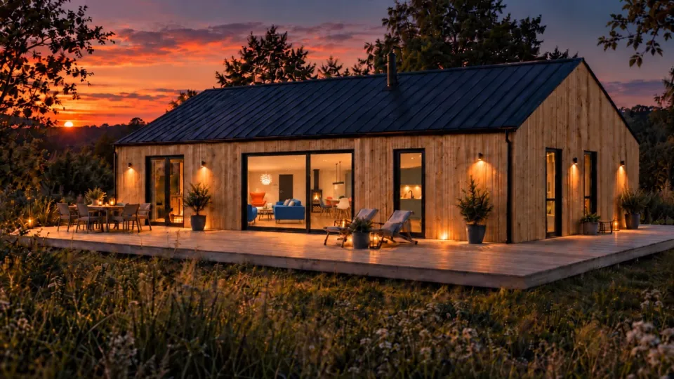 Visualisierung von Dansk Cottage: Holzhaus mit großer Terrasse in der Abenddämmerung