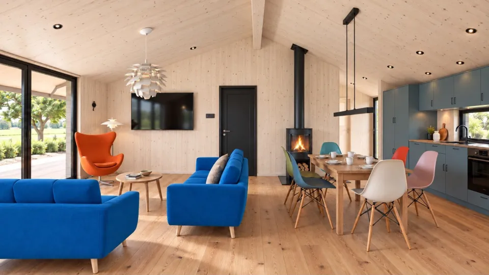 Visualisierung des offenen Wohn- und Essbereichs mit blauem Sofa, Kaminofen und Esstisch