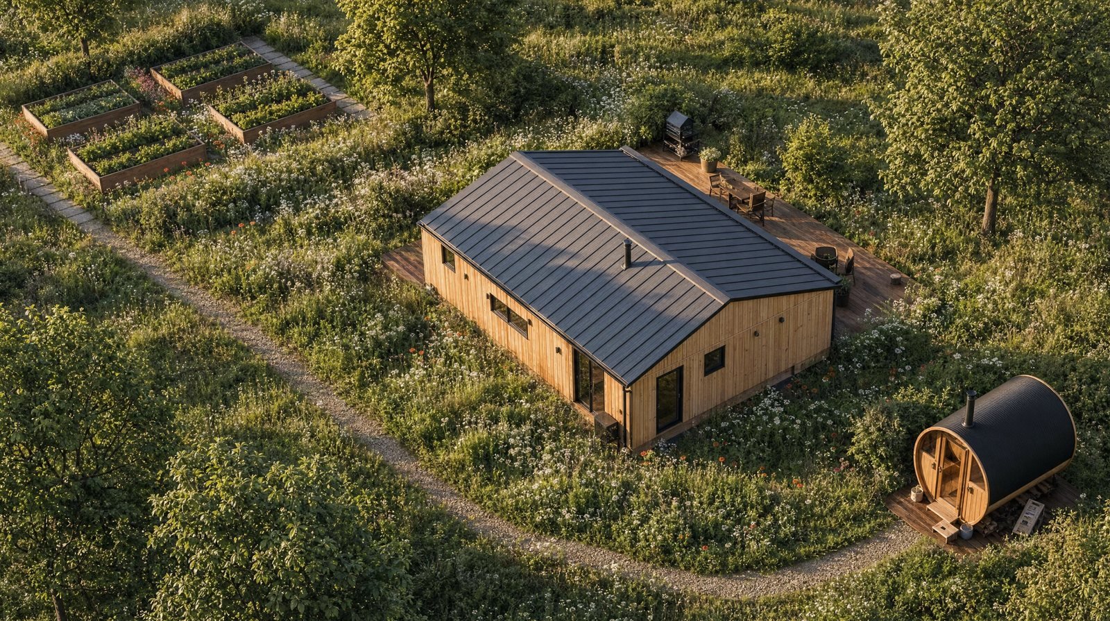 Visualisierung von Dansk Cottage aus der Vogelperspektive: Holzhaus mit Terrasse, Garten, Hochbeeten und Fasssauna