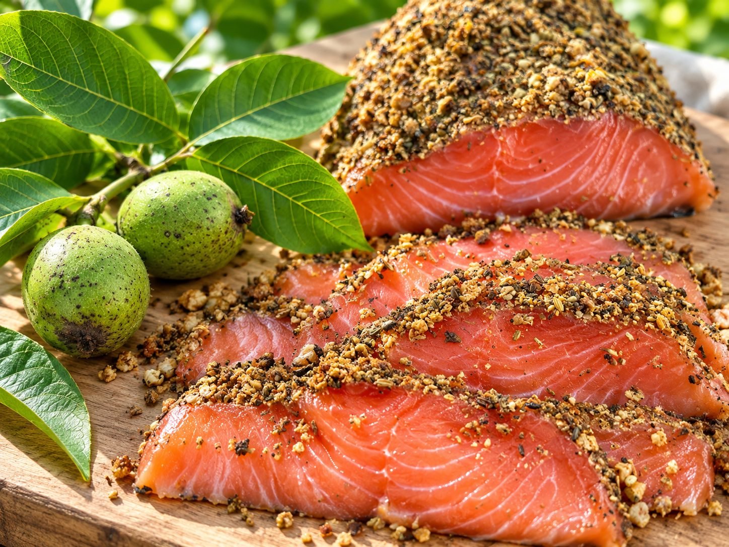 Graved Lachs Ærø mit gerösteten Walnüssen, daneben grüne Walnüsse und Walnussblätter