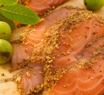Graved Lachs Ærø mit gerösteten Walnüssen, daneben grüne Walnüsse und Walnussblätter